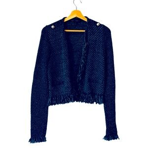WHBM Blue Sweater Jacket  Women's Epaulet Fringe Trim Cardigan Gift
